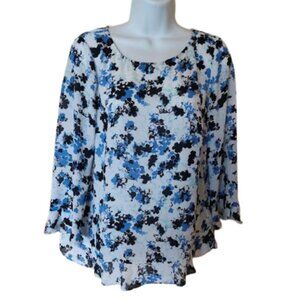 Blue and White Floral Blouse / Blousy Top Size Small